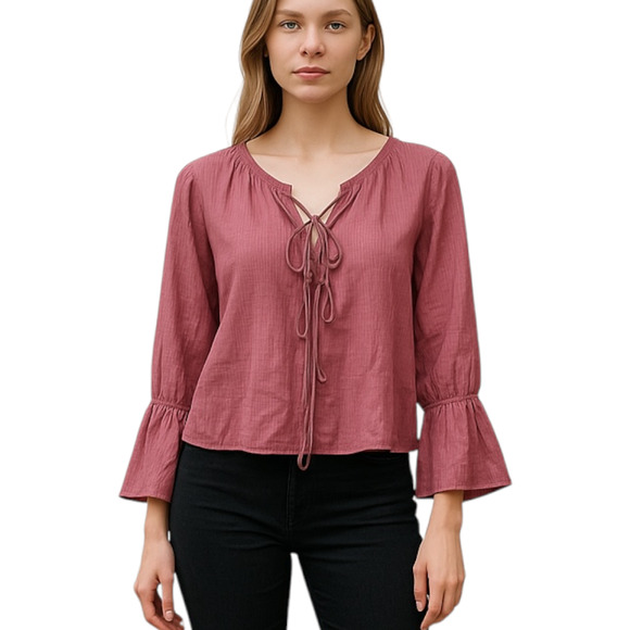 NWT Wayf Bell Sleeve Tie Front Pink Cotton Peasant Top Sz XS Castle Core Cosplay - Picture 1 of 6